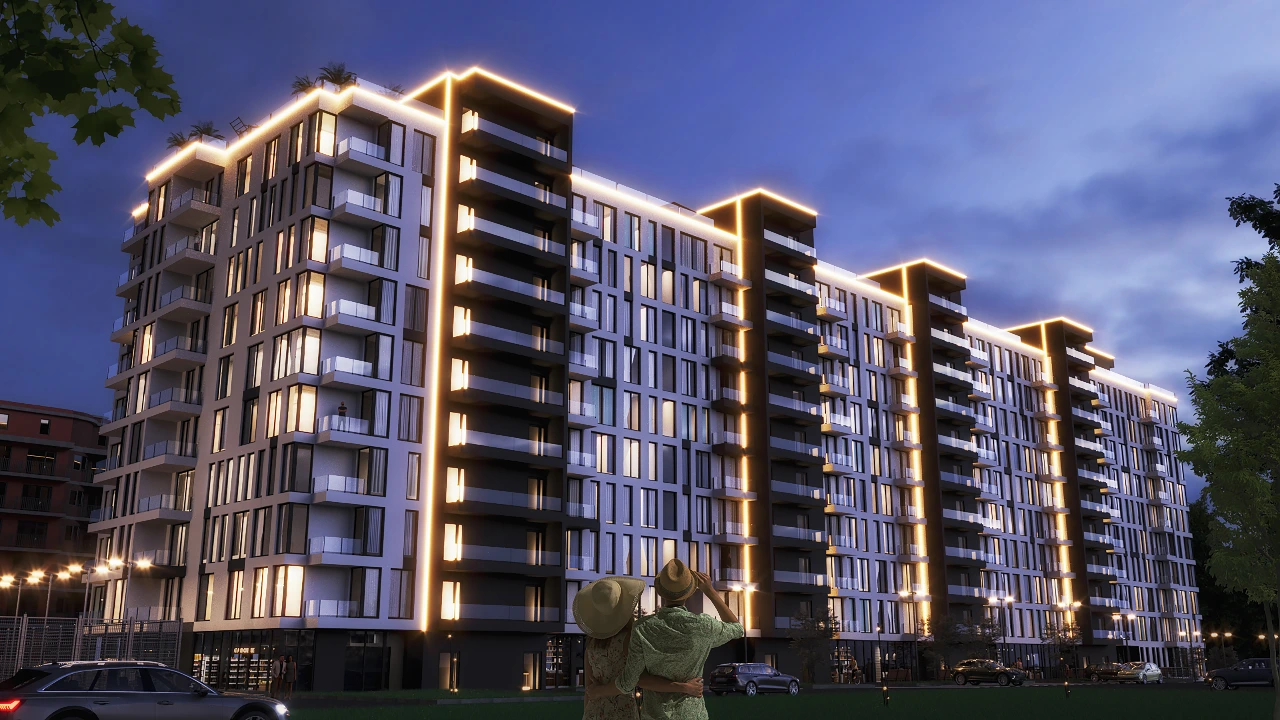 Нічний фасад житлового комплексу Skyline